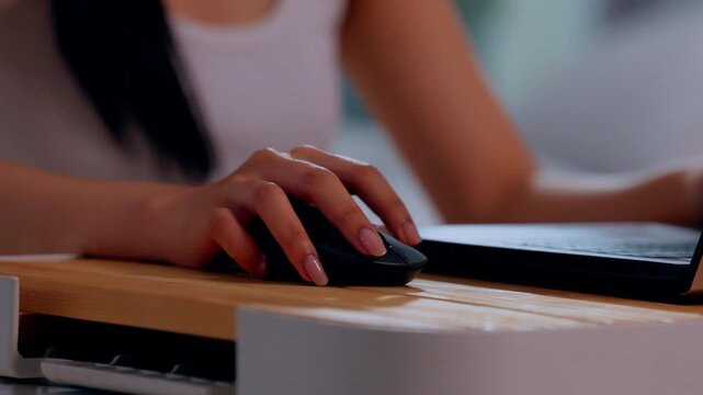 Hand computer mouse laptop desk woman work office technology closeup female hand using mouse beside laptop on wooden desk for remote online work in modern workspace with focused mood