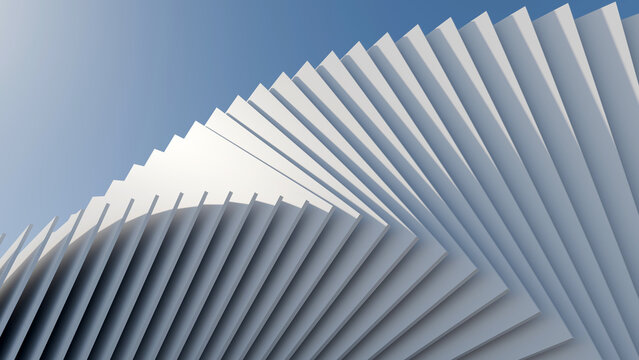 Abstract 3D render of white geometric overlapping panels forming a fan shape. Minimalist modern architecture pattern