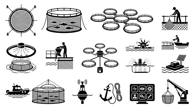 Aquaculture Fish Farming Silhouette Icon Sheet, Circular Sea Cage Feeding Ring Aerator Vector Symbols, Flat Black Marine Shapes Isolated White