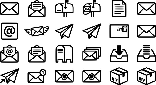 Email icon set. Collection of mailing service, envelopes, and parcel delivery symbols in line art style. Editable vector illustration on white background.