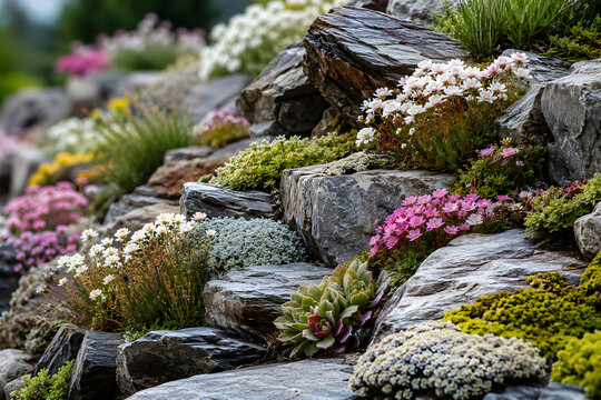 macro close-up of luxury alpine rock garden with layered natural stones, moss and small flowering plants, high-end landscaping design