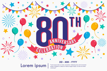 80th years anniversary celebration emblem logo isolated with balloons, bunting flag, ribbon, fireworks and stars. vector illustration template design for web, flyers, poster, greeting card © thitiwat