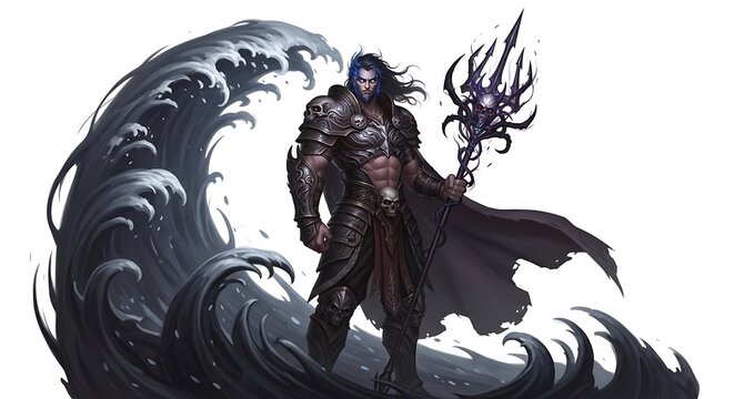 Armored Fantasy Warrior Holding Trident Before Dark Ocean Wave on White Background