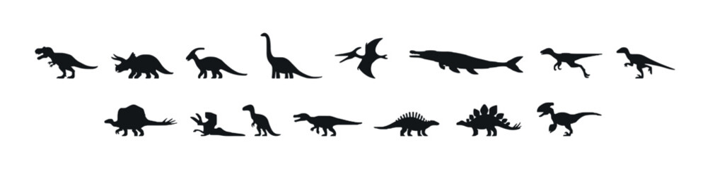 Black silhouette collection of various dinosaur species on white background © Razvi hasan