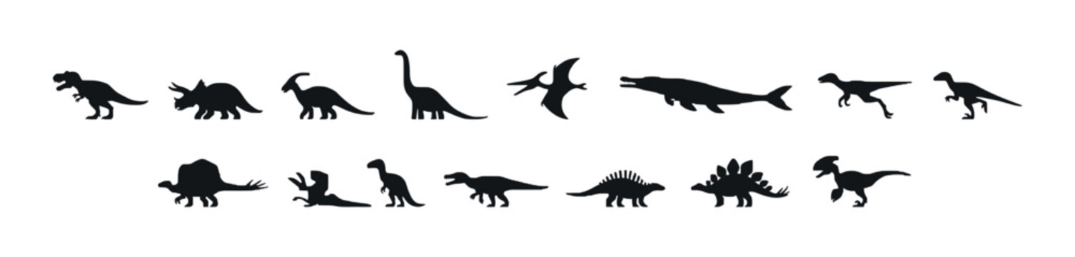 Black silhouette collection of various dinosaur species on white background