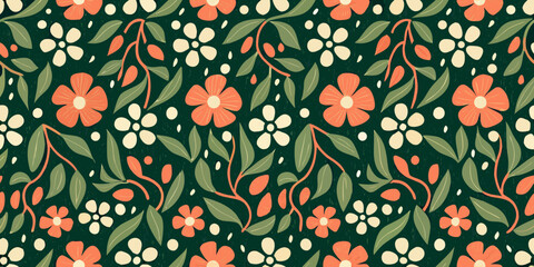 Floral ornament with orange blossoms and green foliage on dark background © ShambhuNath