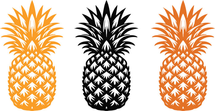 A minimalist set of three stylized pineapple illustrations featuring bold graphic silhouettes in vibrant orange and solid black color palettes isolated