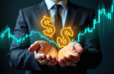 Naklejka premium Man in suit holds glowing dollar signs above open hands. Teal financial market graph shows upward trend. Business growth concept, wealth building, investment strategy, economic forecast.