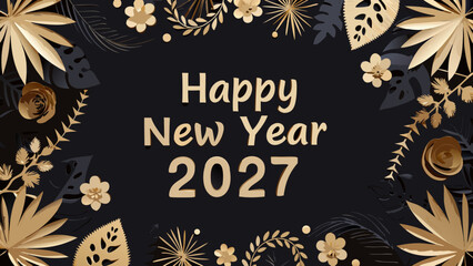 Floral ornament with new year greeting golden tones on black background © ShambhuNath