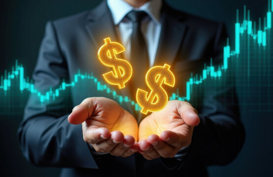 Man in suit holds glowing dollar signs above open hands. Teal financial market graph shows upward trend. Business growth concept, wealth building, investment strategy, economic forecast.