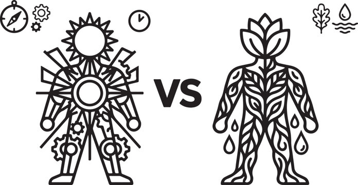 Conceptual line art illustration comparing technology versus nature with technology, mechanical