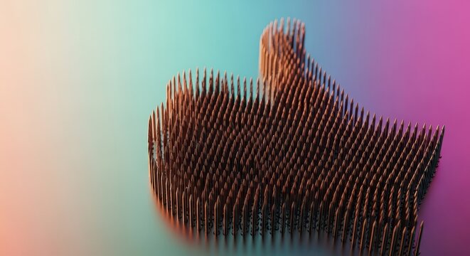 Close up of a metallic pin impression sculpture toy showing a temporary three dimensional mold created in the dense array of movable pins, geometric, reflection, curiosity