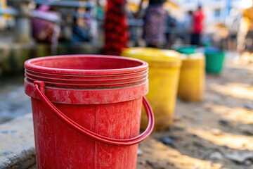 Naklejka premium Red plastic bucket at rural water collection point with yellow and green containers in background