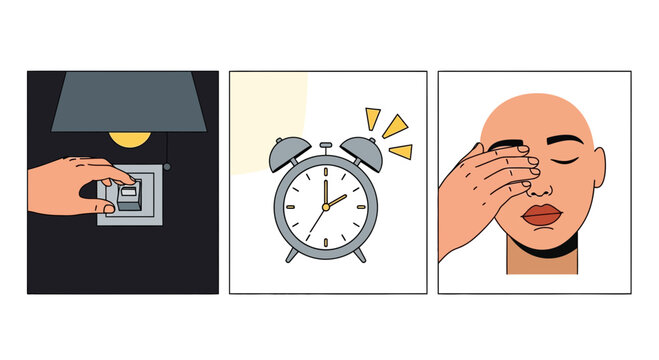 Morning Routine Vector Set Showing Light Switch Alarm and Waking Up
