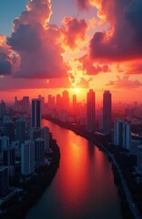 Obraz premium Aerial view of Miami cityscape at sunset. River reflects bright orange and pink sky. Tall buildings line waterway under dramatic clouds. Urban skyline glows with warm light. City vista at dusk.