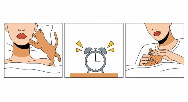Woman waking up with pet cat morning routine comic panels