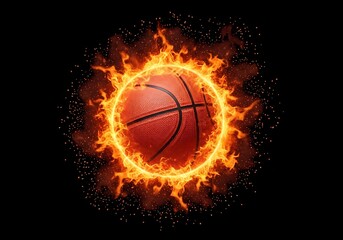 Obraz premium A High Energy Basketball Surrounded by Intense Burning Flames Set Against a Deep Black Background for Athletic Concepts