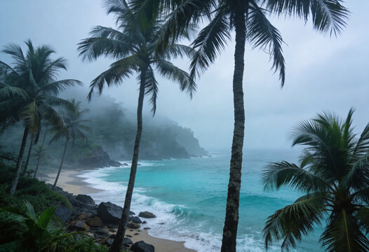 Stormy ocean waves crashing on secluded sand beach with tall palm trees under overcast monsoon sky. coastline, seascape, shoreline, weather, storm, wilderness, turquoise, ocean, palms, moody, overcast