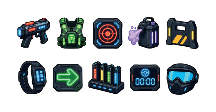 Collection of futuristic laser tag game equipment and icons for digital interfaces