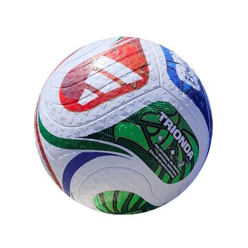 Photo of the official Adidas Trionda Pro soccer ball used for the 2026 FIFA World Cup, featuring vibrant red, green, and blue graphics, inspired by the tournament's host nations.