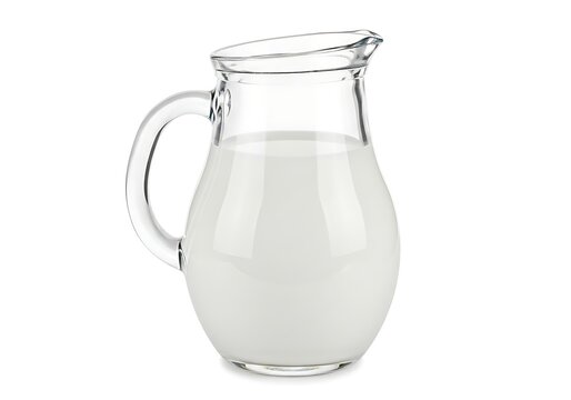 Refreshing glass jug filled with fresh white milk isolated on a pure white background for healthy breakfast and cooking
