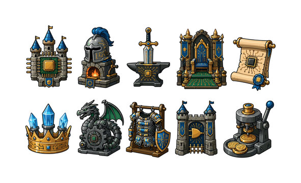 Fantasy medieval and futuristic technology icons for game design and digital art
