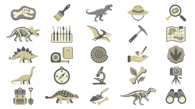 Dinosaur Excavation Icons: Fossils, Tools, Dinosaurs, and Research Equipment