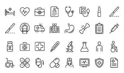 Fototapeta premium Thin Line Healthcare Medical Hospital and Diagnostic Outline Icon Set Vector