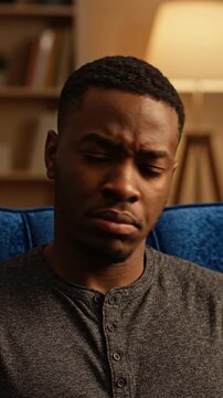 Depressed young man sitting on living room sofa looking down in regret