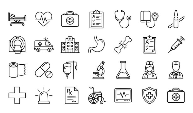Professional Thin Line Medical Treatment Hospital and Healthcare Icon Pack Vector