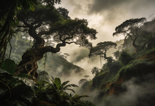 Overgrown ancient jungle canopy with gnarled old trees and low hanging fog in deep wild valley fantasy forest landscape illustration