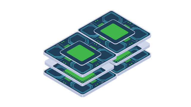 Two parallel stacks of microchips featuring bright green central cores and dark circuit boards in an isometric layout on white background.