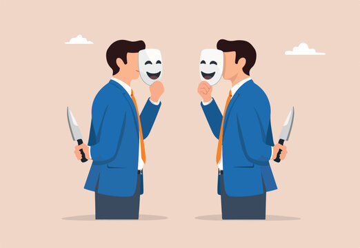 Office politics, jealousy colleagues compete to get promoted, rivalry coworker argument, dishonesty stab in the back concept, businessmen colleagues putting fake smile mask hiding knife behind