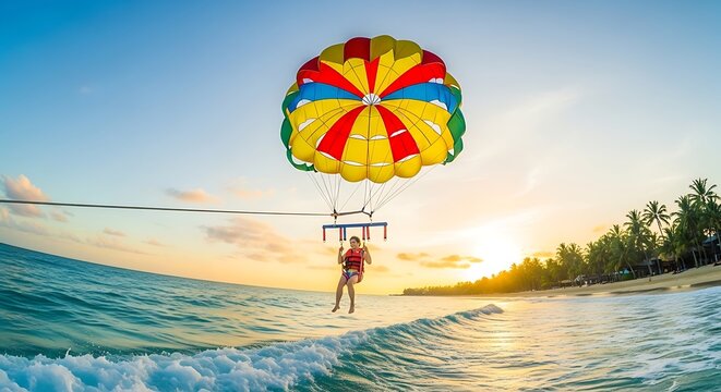 Colorful Parasailers Flying Over Tropical Ocean Near Beach at Sunset