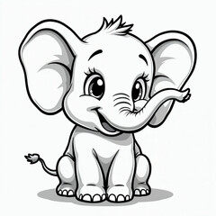 Plakat Happy baby elephant drawn in black and white cartoon style. This cute animal character sits facing forward with a joyful expression, perfect for coloring pages and kids designs.
