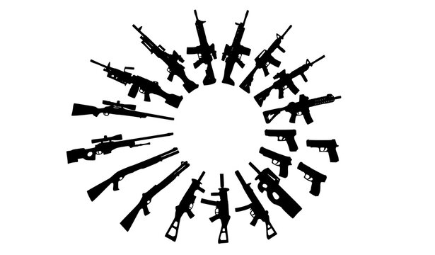 Modern Firearm Silhouette Collection in Circular Layout Black Vector Weapons Isolated on White Background