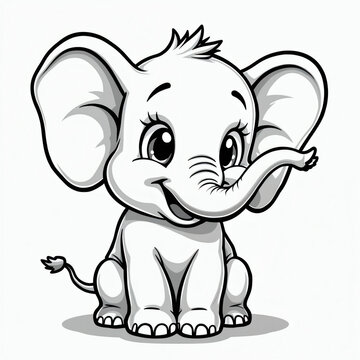 Happy baby elephant drawn in black and white cartoon style. This cute animal character sits facing forward with a joyful expression, perfect for coloring pages and kids designs.