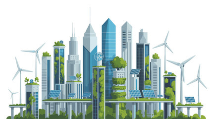 Obraz premium Sustainable city showcases tall glass skyscrapers and wind turbines amidst green roof gardens on a bright white background for ecology.