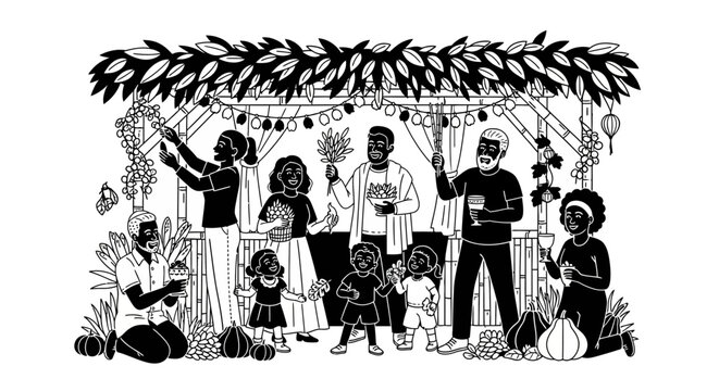 A diverse family celebrating Sukkot in a traditional sukkah structure.