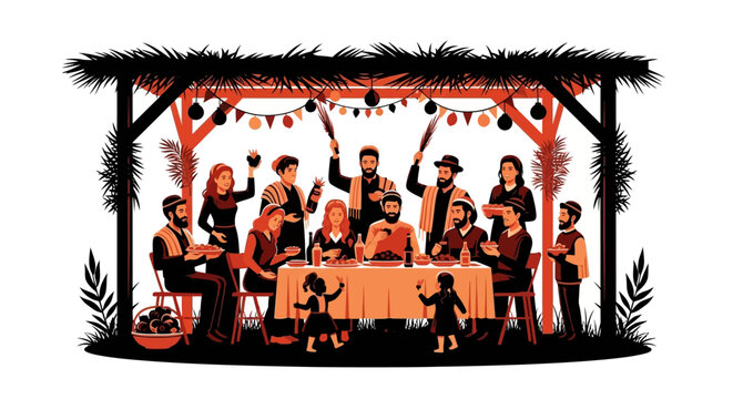 A diverse group of people celebrating Sukkot together inside a decorated Sukkah.