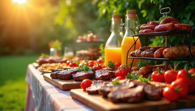 Outdoor buffet table laden with grilled meats steaks sausages. Fresh tomatoes parsley garnish drinks bottles nearby. Sunny garden lawn background. Delicious summer feast.