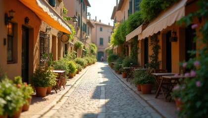 Naklejka premium Old european cobblestone alleyway with potted plants, cafe tables outside traditional buildings. Sun shines on path, casting shadows. People walk in distance.