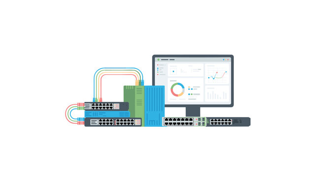 Network server rack with colorful cables connected to a display screen showing a visual analytics overview on a plain white background.
