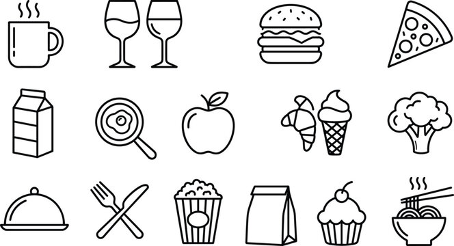 Food and Beverage Icon Collection with Burger, Pizza, Coffee, Ice Cream, Popcorn, Healthy Snacks and Restaurant Menu Vector Set