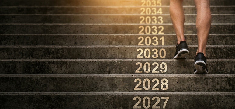Man Climbing Steps with Future Milestones and Years up 2027, 2028, 2029, 2030 to 2035 for Business Success