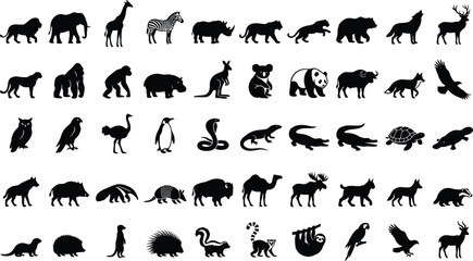 Obraz premium Comprehensive collection of wild animal silhouettes and safari wildlife icons isolated on a white background.
