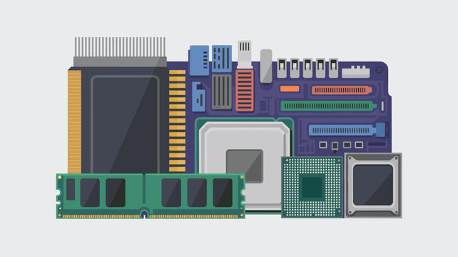 Motherboard hardware components including RAM, CPU, and heat sinks displayed in a flat organized arrangement on a light gray background.