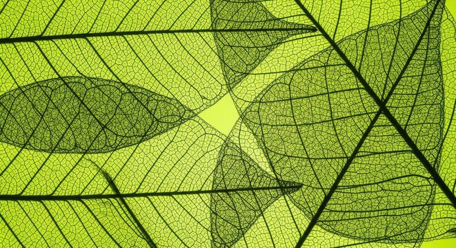 Green leaf veins and skeletonized leaves on a natural background