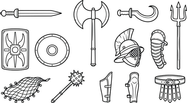 Ancient Warrior and Medieval Battle Equipment Collection with Swords, Shields, Axes, Armor, Spears and Gladiator Combat Vector Set