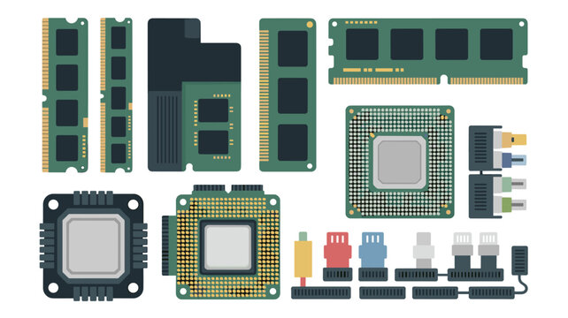 Computer hardware components featuring RAM sticks, CPU processors, and connection ports arranged on a light gray background.